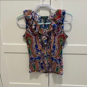 Lauren Ralph Lauren Blue Multi Paisley Ruffle Shell